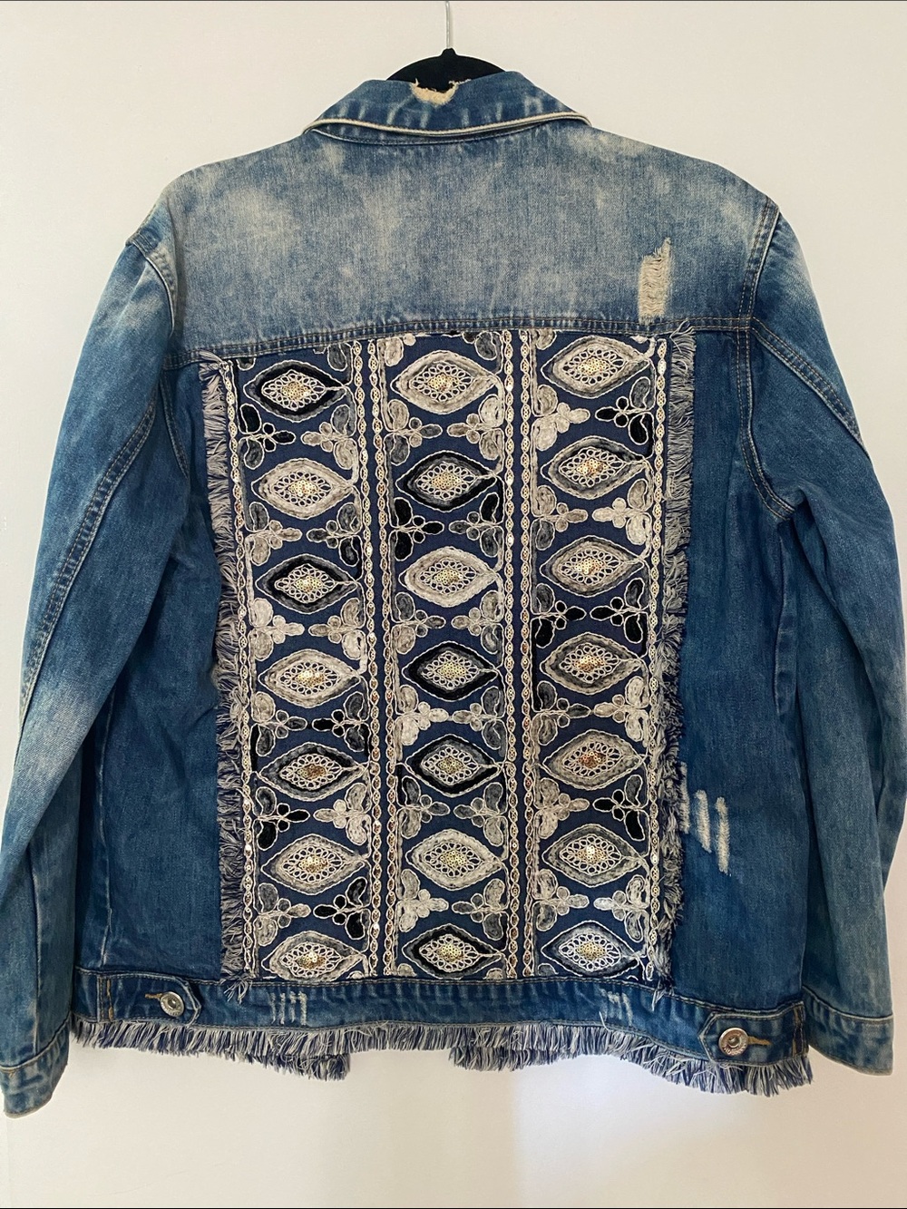 Denim Jacket with Fringe & Embroidered Embellished Back Panel